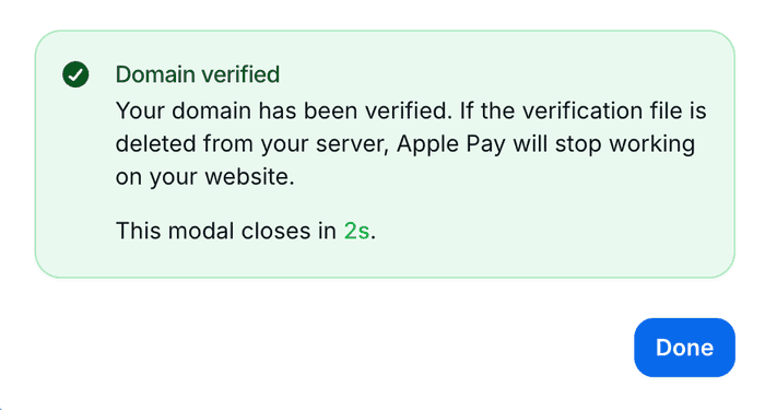 Image of a successful domain verification for Apple Pay