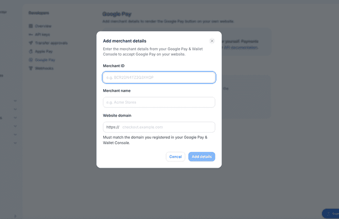Image of the modal to add Google Pay merchant details, showing the merchant ID, merchant name and website domain fields