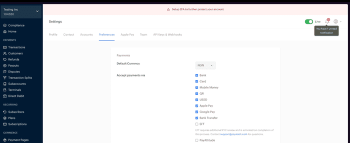 Image of the Paystack preferences page showing the checkbox to activate Google Pay