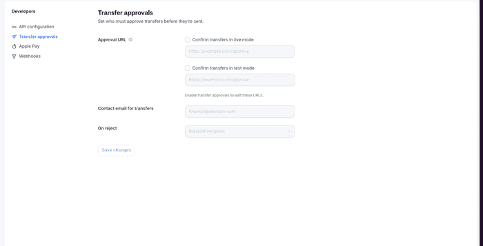 Image of the dashboard section to add the approval URL